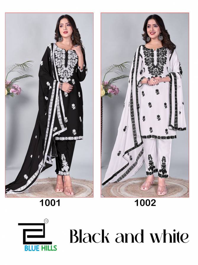 Black And White By Blue Hills Thread Work Rayon Kurti With Bottom Dupatta Wholesale Shop In Surat